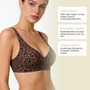 Draadloze luipaard bh met lichte ondersteuning en ademend comfort voor dames.
