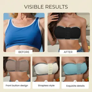 Trägerloser Front-Knopf-BH mit Glitzerkanten, atmungsaktiver Push-up-Bandeau für Damen.