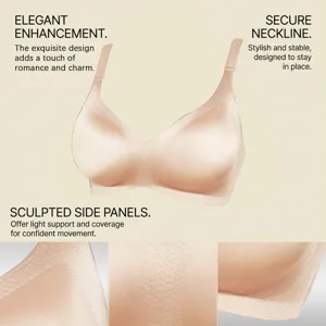 Seamless nude bra close up showing smooth fabric texture, sculpted side panels and support.