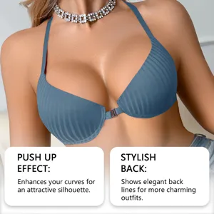Detail shot of front closure push-up bra, showing fine vertical stripes and comfortable fit.