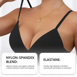 Gros plan détaillé du soutien-gorge côtelé col V, mélange nylon élasthanne et haute élasticité.