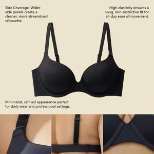 Push-up bra with wide side panels, black seamless design for daily comfort and support.