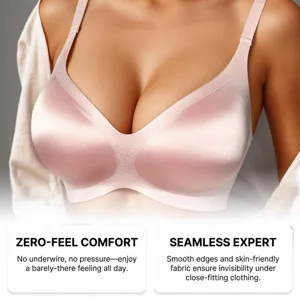 Detail shot of the smooth pink seamless bra showing wireless comfort and soft fabric finish.