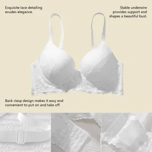 White lace underwire push-up bra with elegant floral details and adjustable back clasp.