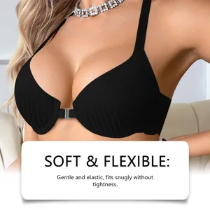 Close-up detail view of black ribbed front-closure push-up bra showcasing fine texture.
