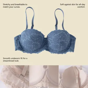 Detailed view of the lace push-up bra showcasing delicate floral lace, adjustable straps and inner lining.