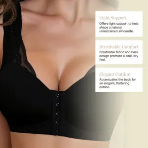 Close-up detail of the black front-closure wireless bra featuring delicate lace and support.