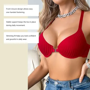 Front closure push-up bra with comfortable ribbed fabric and stable support design for daily wear.
