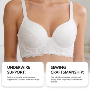 White lace underwire push up bra detail showing fine stitching and comfortable supportive cups.