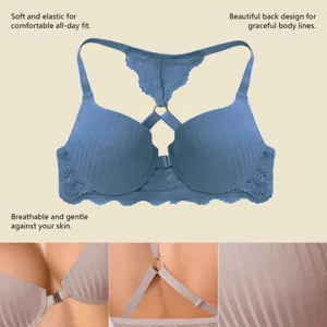 Detailed view of the front closure and lace racerback push-up bra designed for daily comfort.