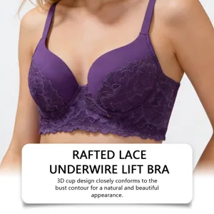 Purple Lace Underwire Lift Bra 3D Cup Shaping Push Up Support Intimates Lingerie