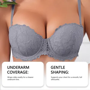 Close-up detail of grey lace strapless push-up bra featuring supportive side coverage.