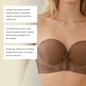 Vista dettagliata del reggiseno senza spalline con chiusura frontale e coppe senza cuciture.