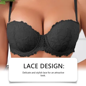 Black strapless push-up lace bra detail, delicate floral design for comfort and charming look.