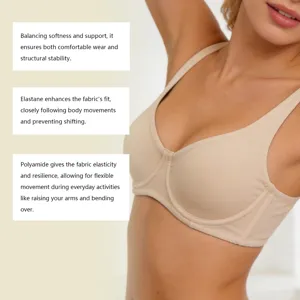 Vista dettagliata del reggiseno beige con ferretto che mostra elasticità e supporto.