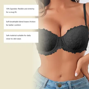 Close-up detail of women's black lace push-up bra showcasing breathable fabric and fit.