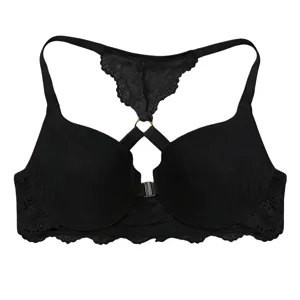 Black front closure push up bra with lace back and stylish racerback strap design for women main