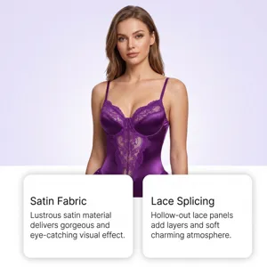 Détail body satin et dentelle violette, panneaux ajourés exquis et texture satinée brillante.