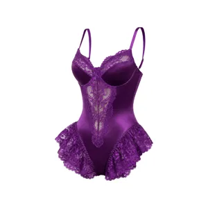 Body lingerie en dentelle et satin violet pour femmes, sous-vêtement sexy col en V moulant.