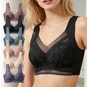 Wireless lace bra featuring a comfortable V-neck design, wide straps, and multi-color options.