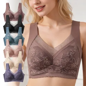 Detail view of comfortable wire-free lace bra, breathable and skin-friendly multi-colors.