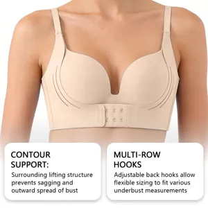 Comodo reggiseno push-up color carne con chiusura anteriore e supporto sagomato e ganci.