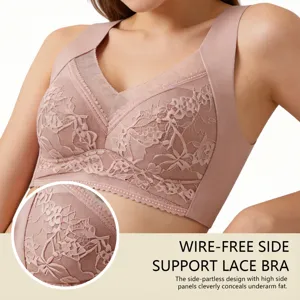 Close-up view of the wire-free lace bra featuring delicate floral patterns and soft fabric.