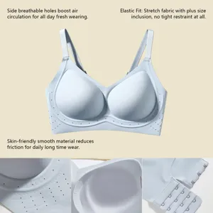 Seamless bra detail showing side breathable holes, soft molded cups and adjustable back closure.