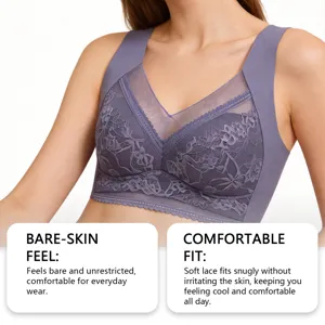 Detailed view of women's wireless lace bra featuring soft breathable fabric and comfortable fit.
