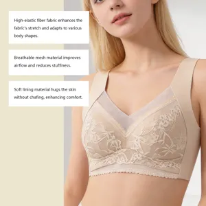 Wireless lace bra detail closeup showcasing breathable mesh and soft elastic fabric comfort.