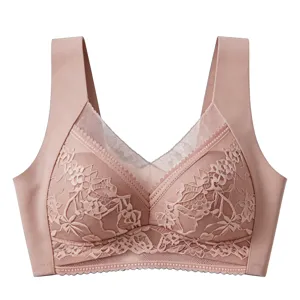 Comfortable wireless lace women bra in pink with floral lace design and wide support straps.