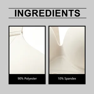 Vista dettagliata della composizione del reggiseno senza cuciture, 90 poliestere e 10 spandex.