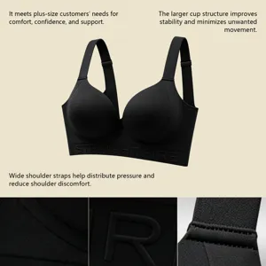 Dettagli in primo piano del reggiseno nero taglia forte con spalline larghe e confortevoli.