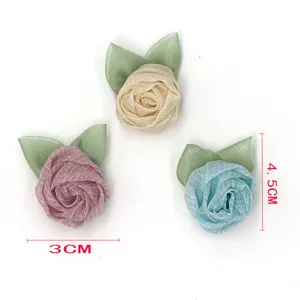 Mesh fabric rose flower details with green leaves, DIY clothing accessories and hair ornaments.