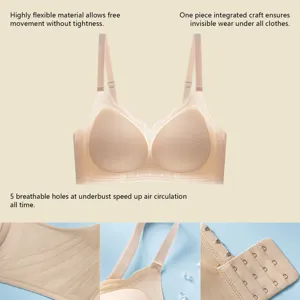 Seamless bra detail view showing elastic fabric, adjustable strap and breathable underbust holes.