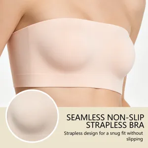 Close-up detail of the seamless strapless bandeau bra featuring soft nude fabric.