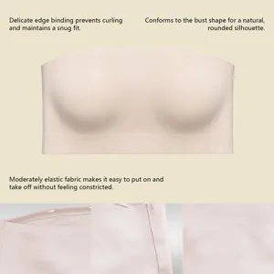 Detailed view of the strapless seamless bandeau bra highlighting elastic fabric and edge binding.