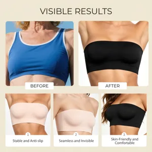 Detailed view of strapless tube top, seamless design with anti-slip grip for secure comfort.