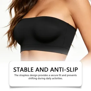 Close-up of black strapless bandeau bra featuring anti-slip secure fit design for daily wear.