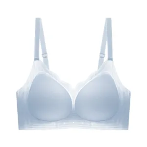 Light blue seamless wireless push up bra with adjustable straps for daily comfort wear.