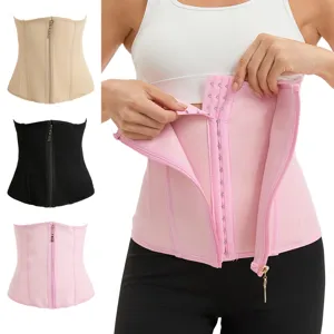Close-up details of the waist trainer showing dual closure hooks and smooth zipper mechanism.