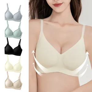 Detail view of seamless ribbed soft support bra featuring multi-color options and lift design.