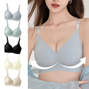 Ribbed seamless soft support bra detail view, comfortable wireless V-neck design for daily wear.