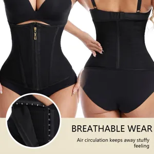 Black breathable waist trainer corset tummy control shapewear featuring dual closure hooks.