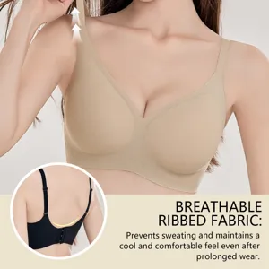 Seamless ribbed wireless bra featuring breathable fabric, adjustable straps and comfortable wear.