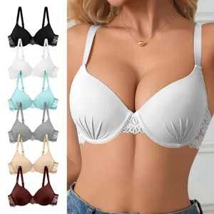 Detail view of the push-up lace bra featuring delicate floral embroidery and side variants.