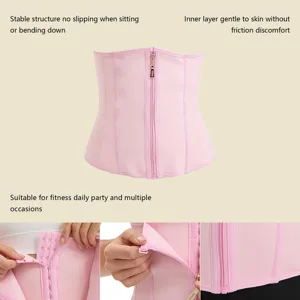 Pink waist trainer detail showing smooth zipper, breathable inner lining and flexible steel bones.