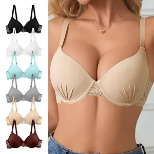 Detailed view of the comfortable push-up lace bra with multi-color variant options showcased.