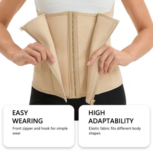 Beige waist trainer for women, front zipper and hook design, elastic tummy control corset.