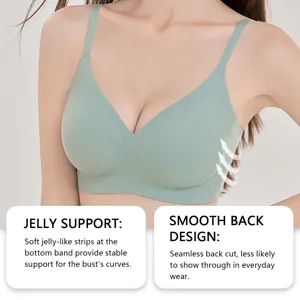 Close-up detail of the seamless ribbed soft support bra showing the textured light green fabric.
